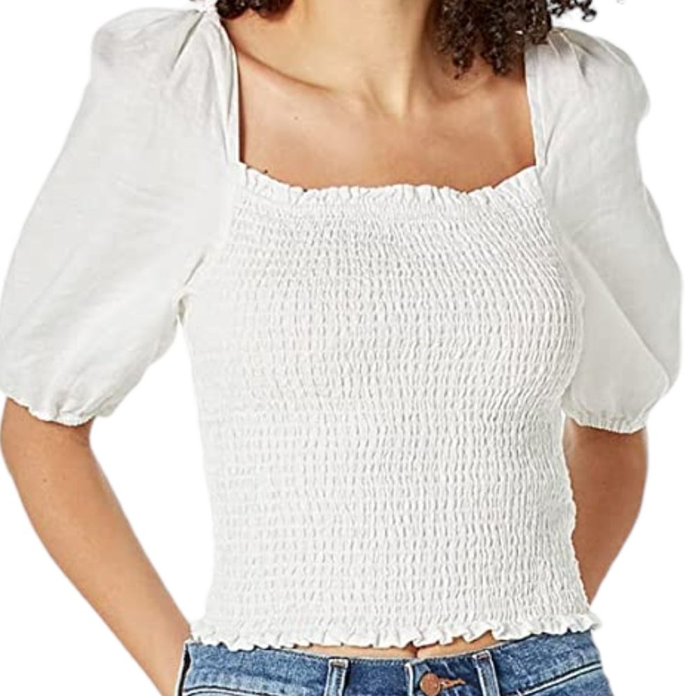 Faherty White Smocked Square-Neck Puff Sleeve Top